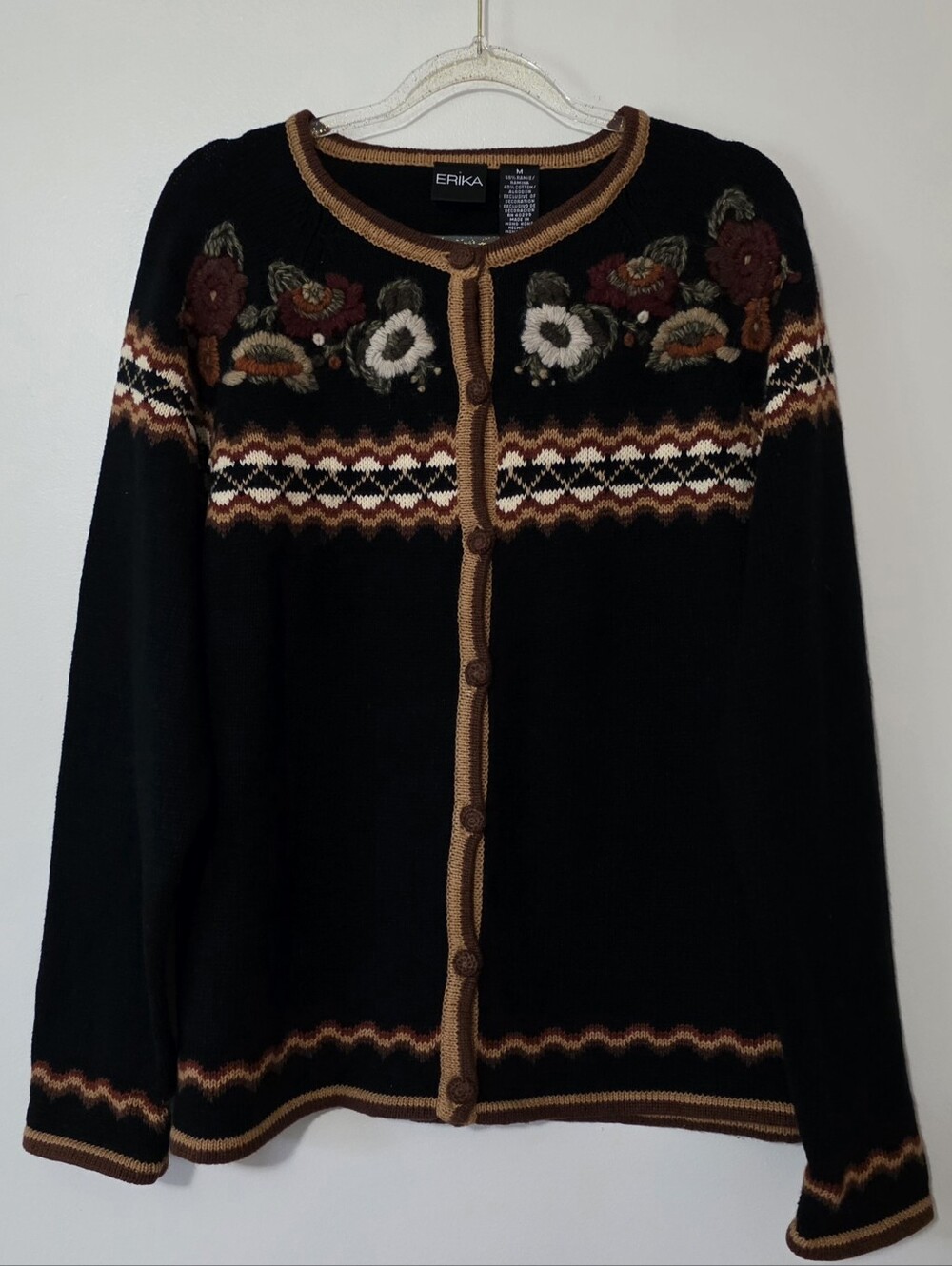 Vintage ERIKA Floral Embroidered Knit Cardigan Cottagecore Fall Earthy Medium